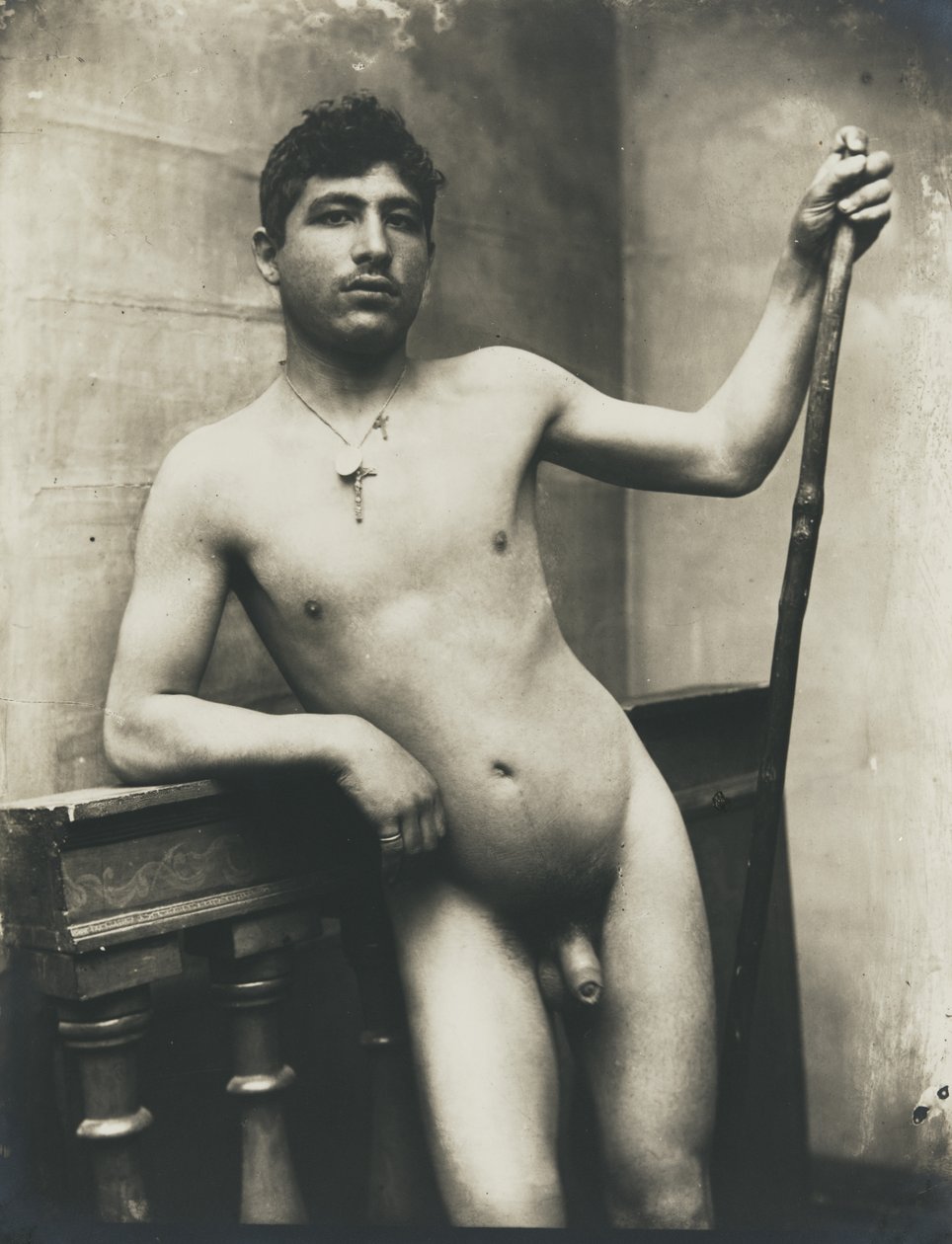 Nude Male with Staff and Crucifix Necklace by Baron Wilhelm von Gloeden