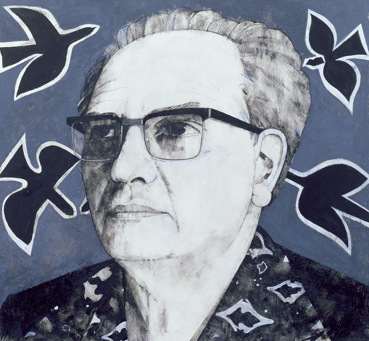 Portrait of Olivier Messiaen, illustration for The Sunday Times, 1970s by Barry Fantoni