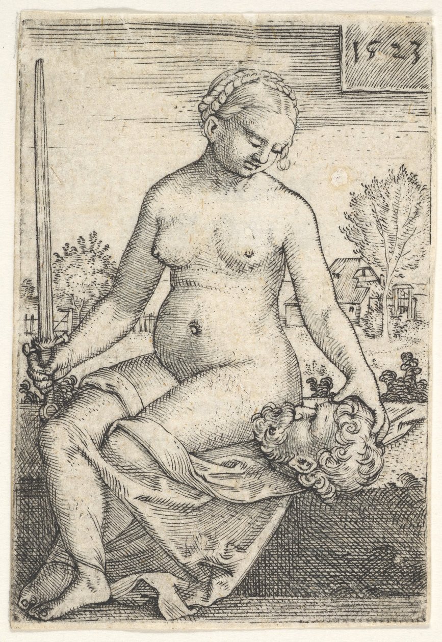 Judith, Seated Nude with a Sword in Her Right Hand, Gazing Down at the Head of Holofernes, 1523 by Barthel Beham