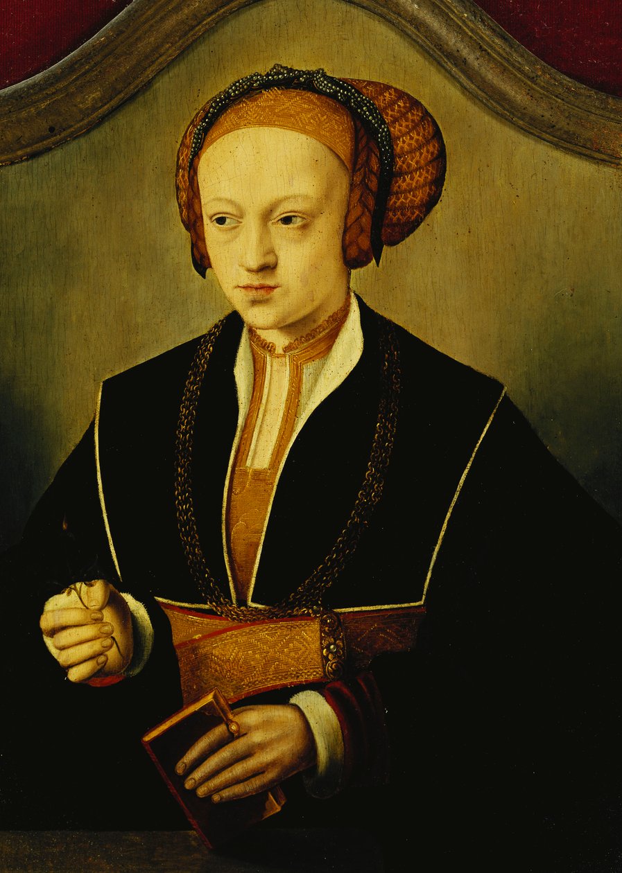 Portrait of a Lady Said to be Princess Sybille of Cleve, Half Length, Wearing a Black Costume, Gold Chain, and an Elaborate Headdress, Holding a Book and a Rose Bud by Bartholomaeus Bruyn