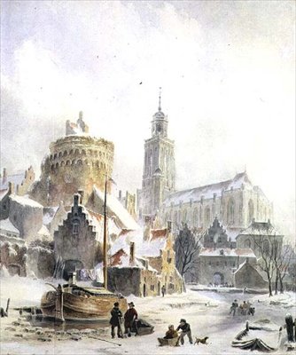 Children Playing on a Frozen River, Deventer Cathedral Beyond by Bartholomeus Johannes van Hove
