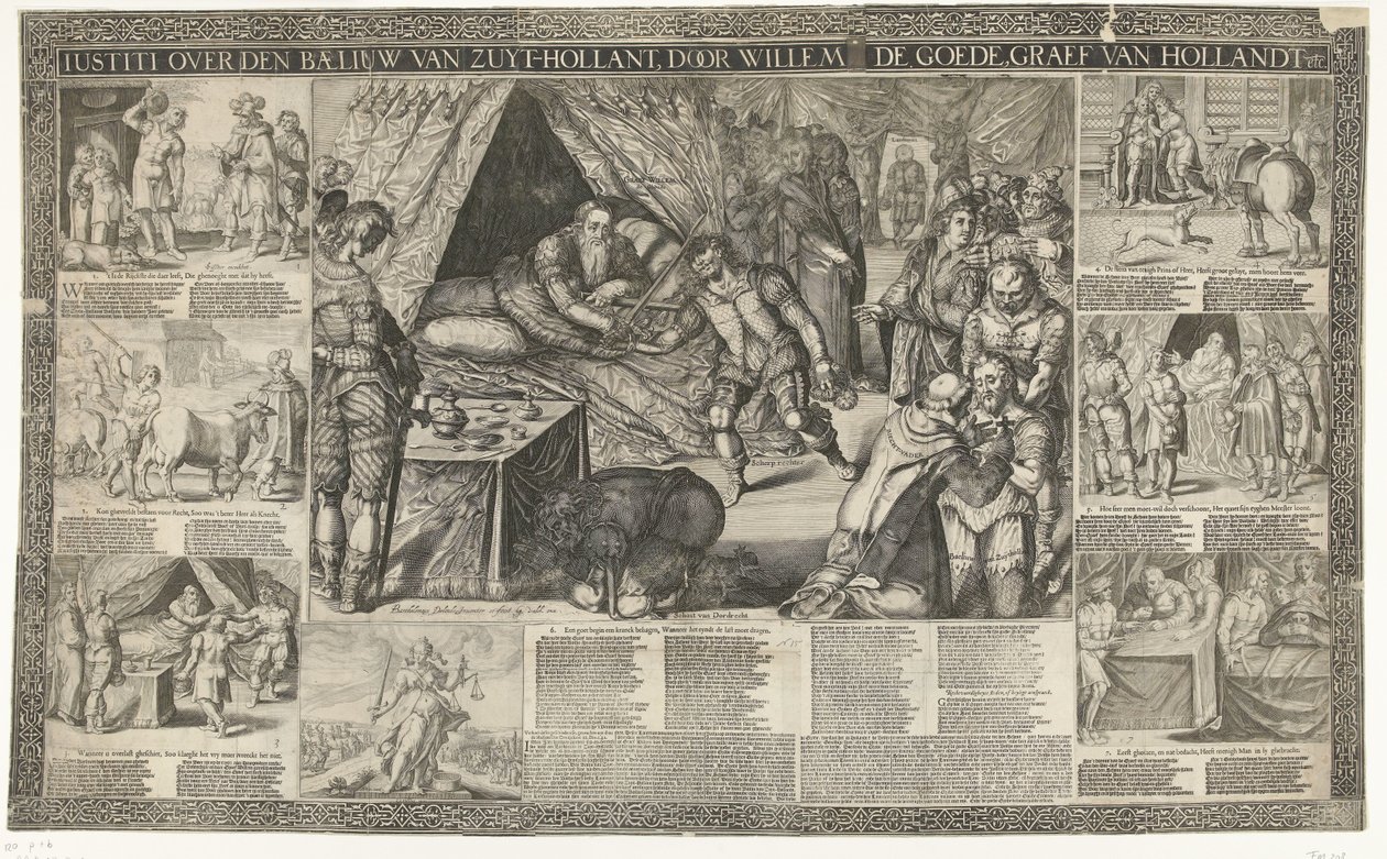 Judgment of Count William III over the Bailiff of South Holland, 1336 (Iustiti over den baeliuw van Zuyt-Hollant, door Willem de Goede, graef van Hollandt etc.) by Bartholomeus Willemsz. Dolendo (signed by artist)