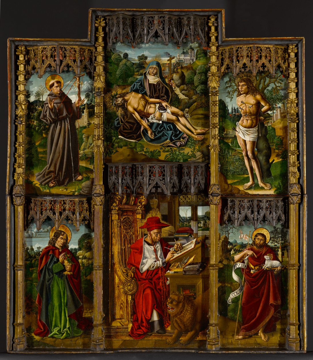 Portable Altarpiece: Pietà, Saints Francis, Sebastian, John the Evangelist, Jerome, and John the Baptist, c.1500 by Bartolomé Bermejo