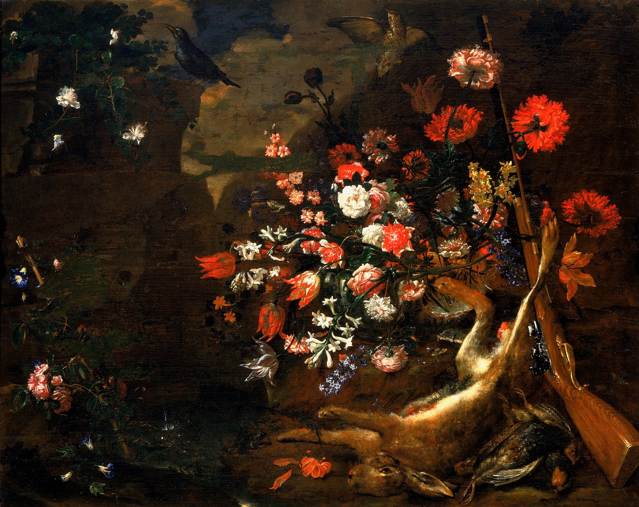 Still life with flowers and game by Bartolomeo Bimbi