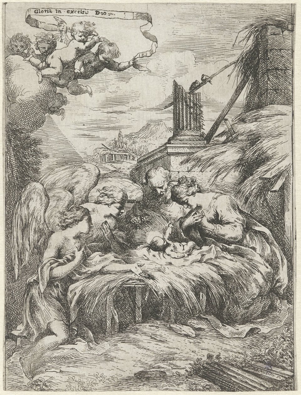 Adoration by Mary, Joseph, and Angels by Bartolomeo Biscaino