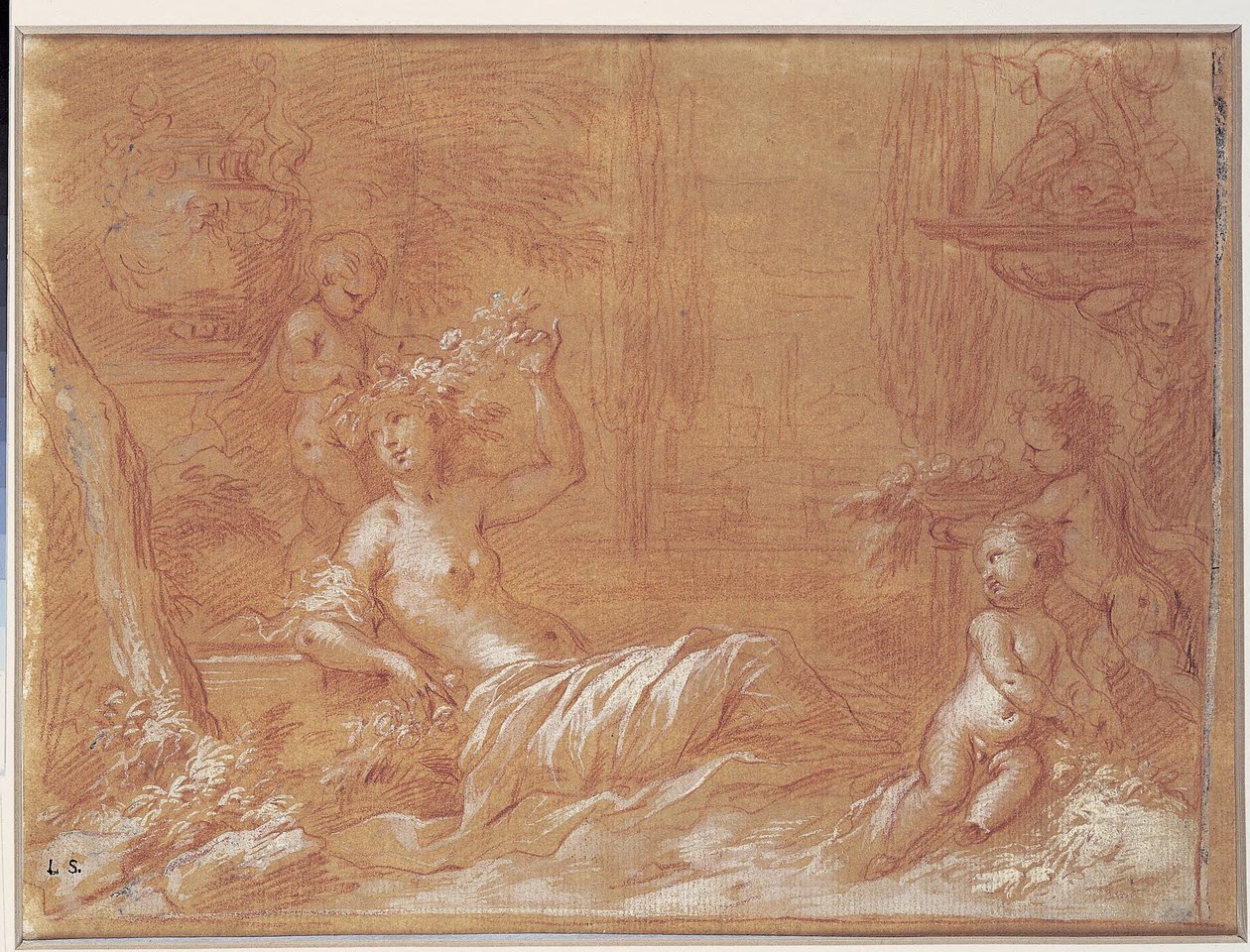 Reclining Nymph in a Garden with Fountain, Vase and Three Cupids by Bartolomeo Biscaino