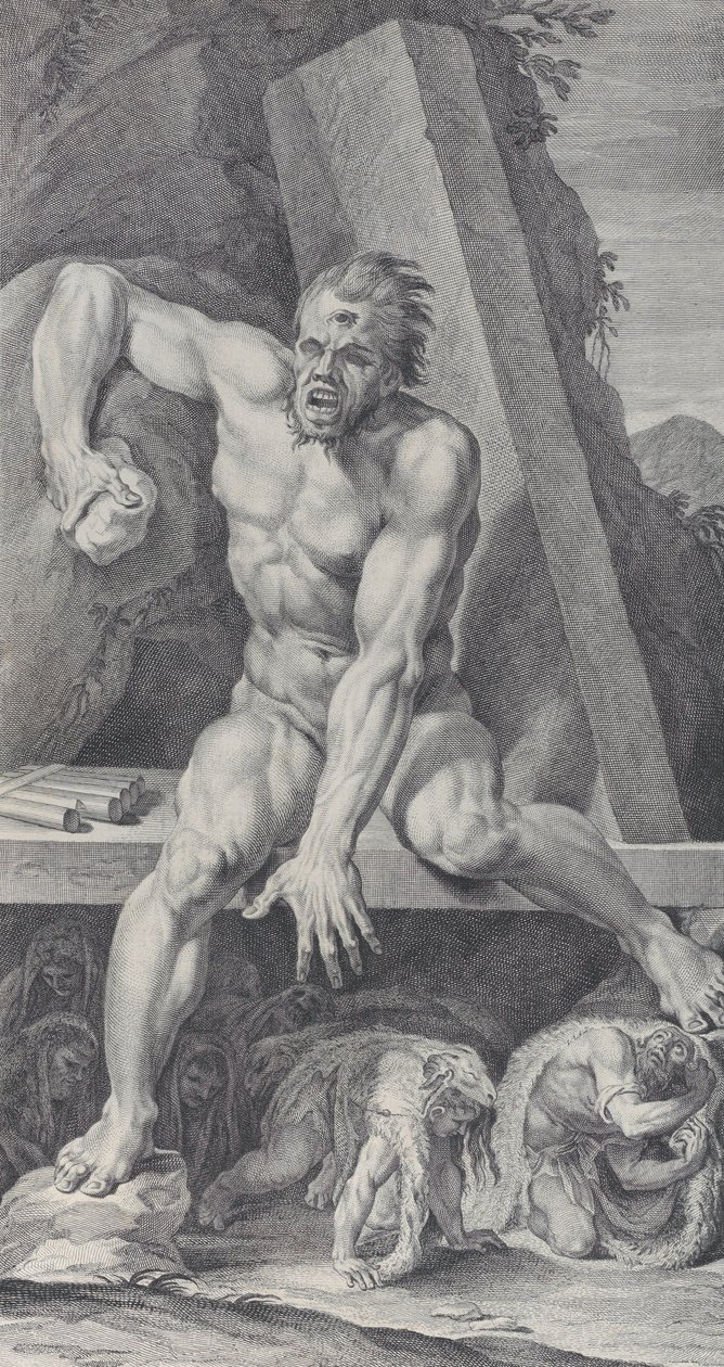 Plate 7: The Blinded Polyphemus, Guarding the Entrance of His Cavern, with Ulysses and His Men by Bartolomeo Crivellari