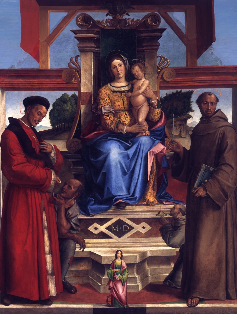 Enthroned Mary with Child, Saints Homobonus, Francis of Assisi, Catherine of Alexandria, and the Donor Bernardino da Feltre (d. 1494) by Bartolomeo Montagna