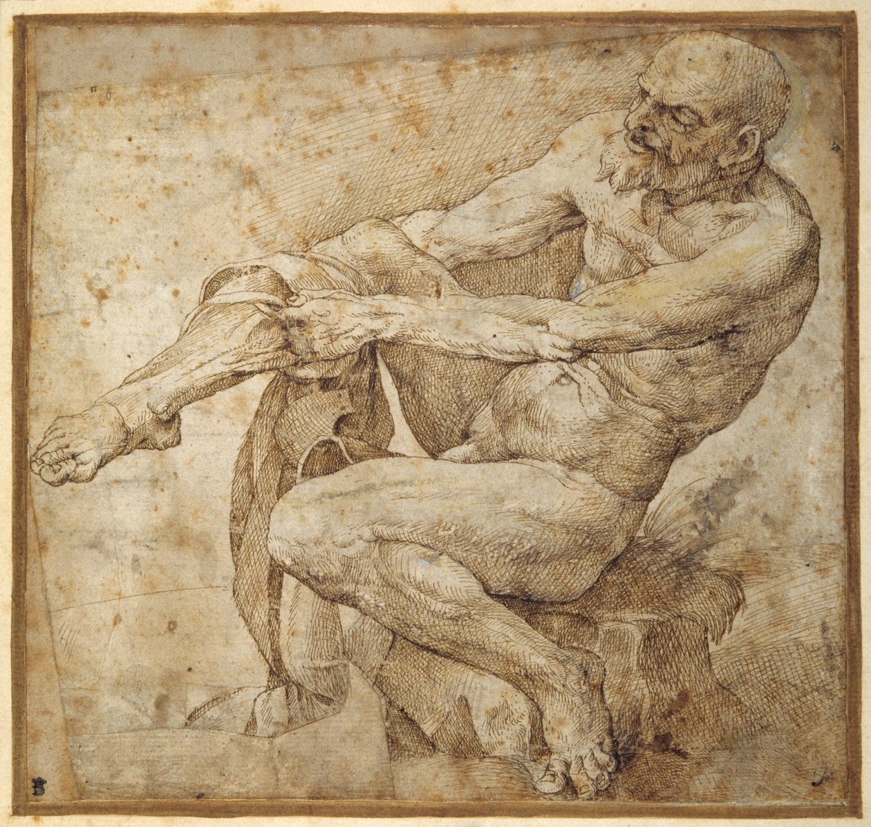 Naked man pulling on his hose (after Marcantonio Raimondi and Michelangelo Buonarroti) by Bartolomeo Passarotti