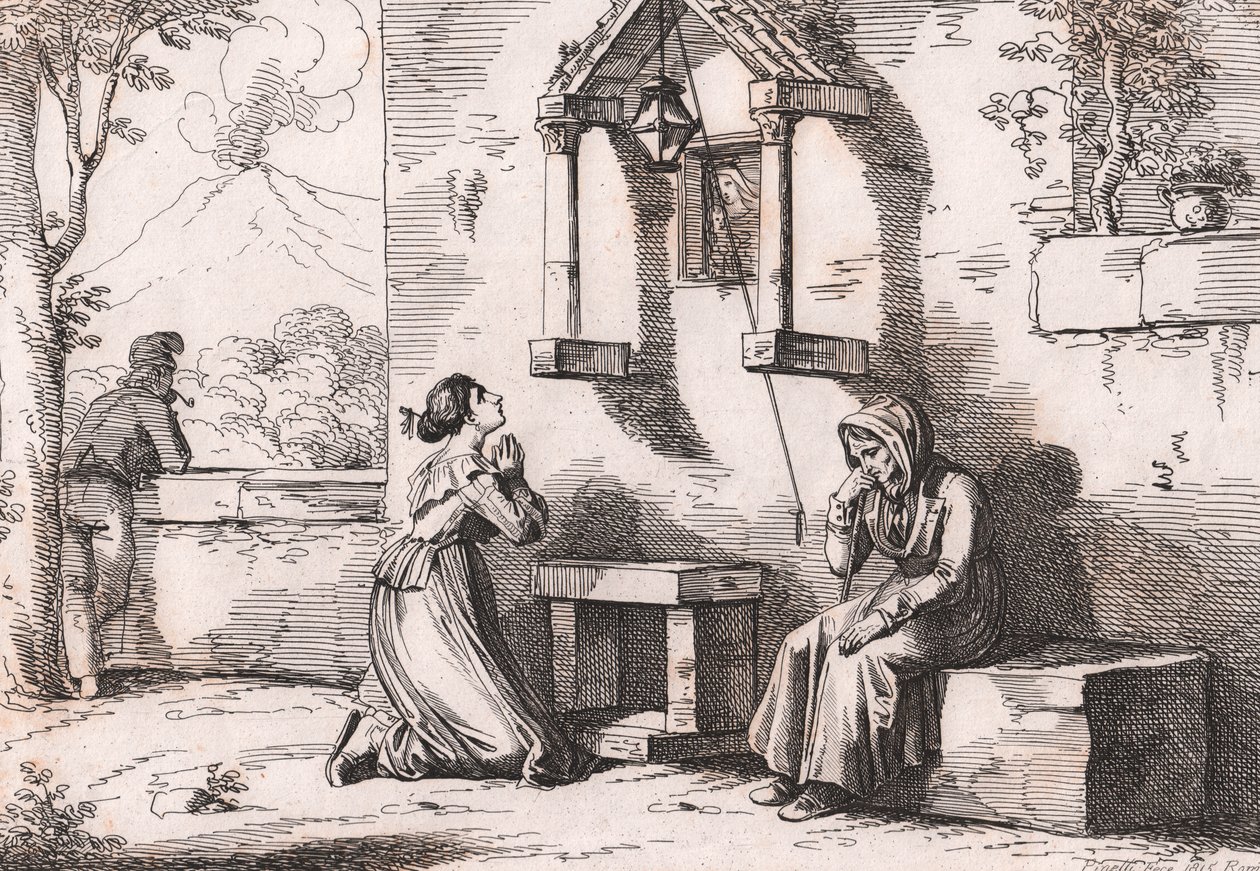 A Daughter Praying to the Madonna for Her Sick Mother, etching by Bartolomeo Pinelli