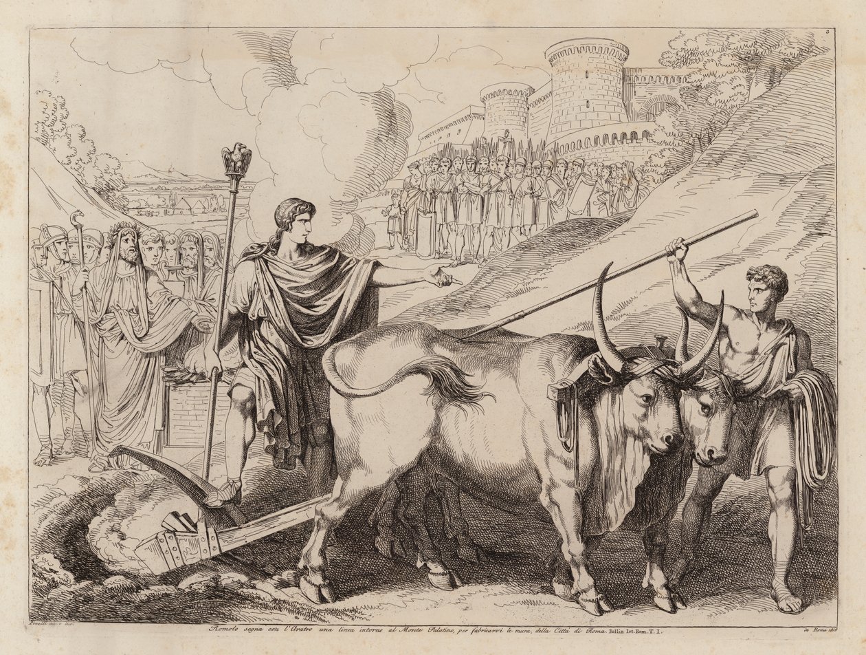 Romulus marking the boundaries of Rome with his plough by Bartolomeo Pinelli