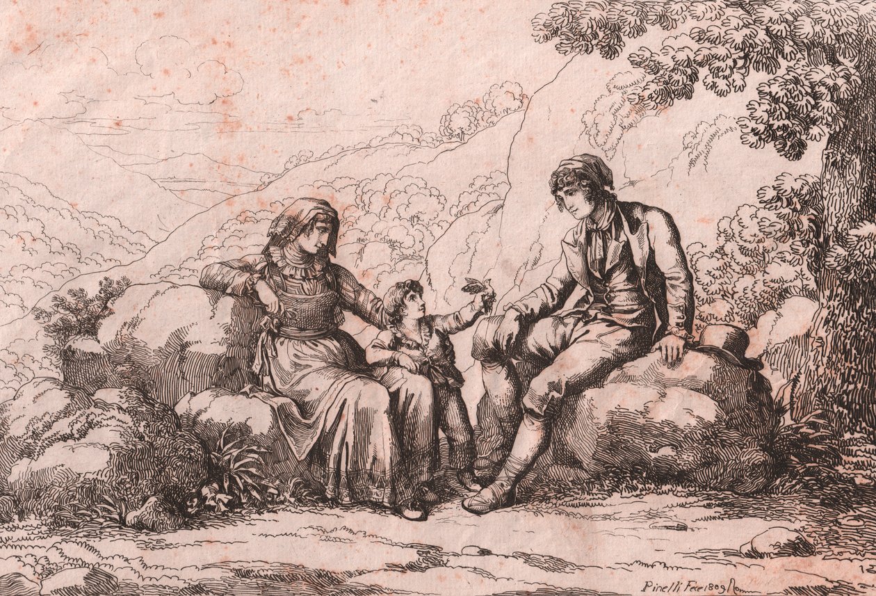 Two Commoners with a Baby, Schiavi, Abruzzo, Etching by Bartolomeo Pinelli by Bartolomeo Pinelli