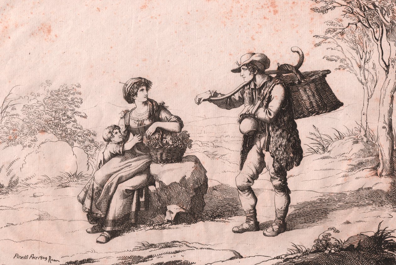 Woman from Pietra Terrazzana in Traditional Costumes, Abruzzo, and Gioncataro, etching by Bartolomeo Pinelli by Bartolomeo Pinelli