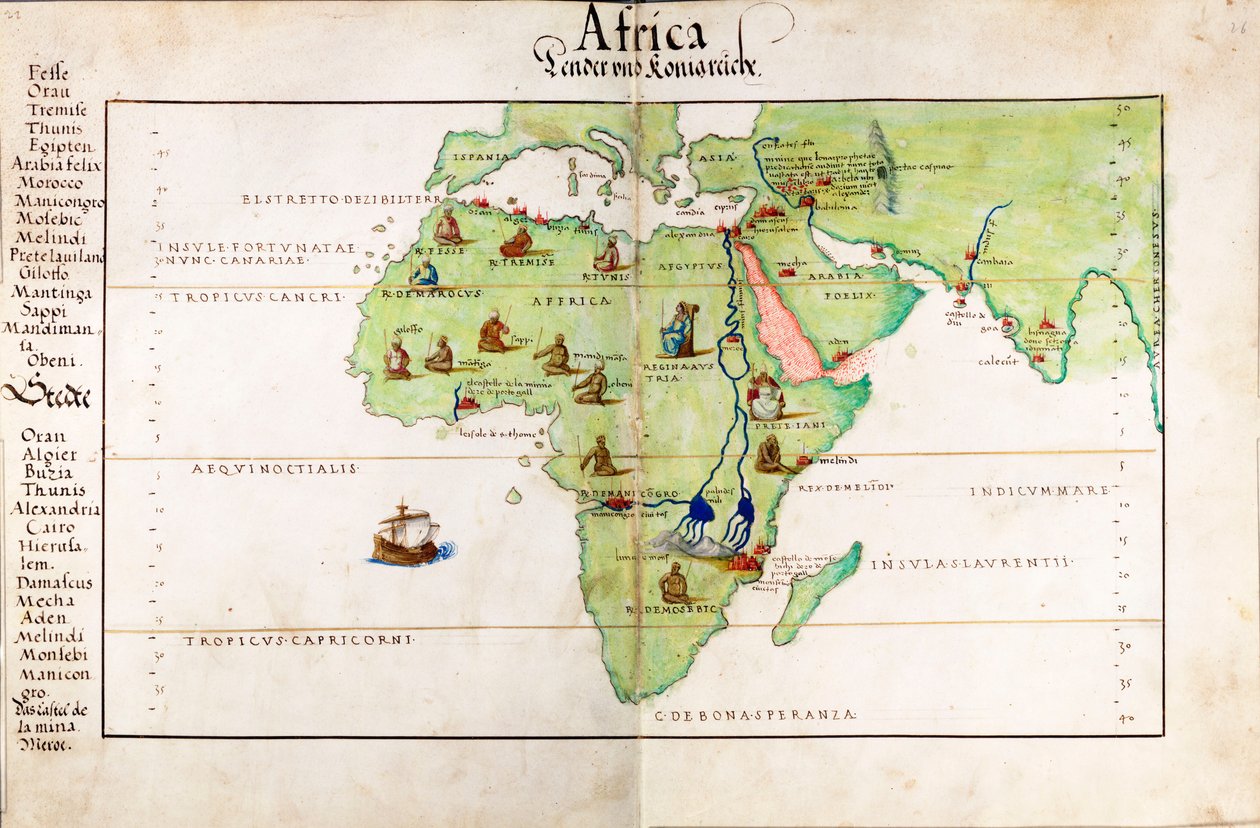 Vellum chart of Africa, India and the Mediterranean by Battista Agnese