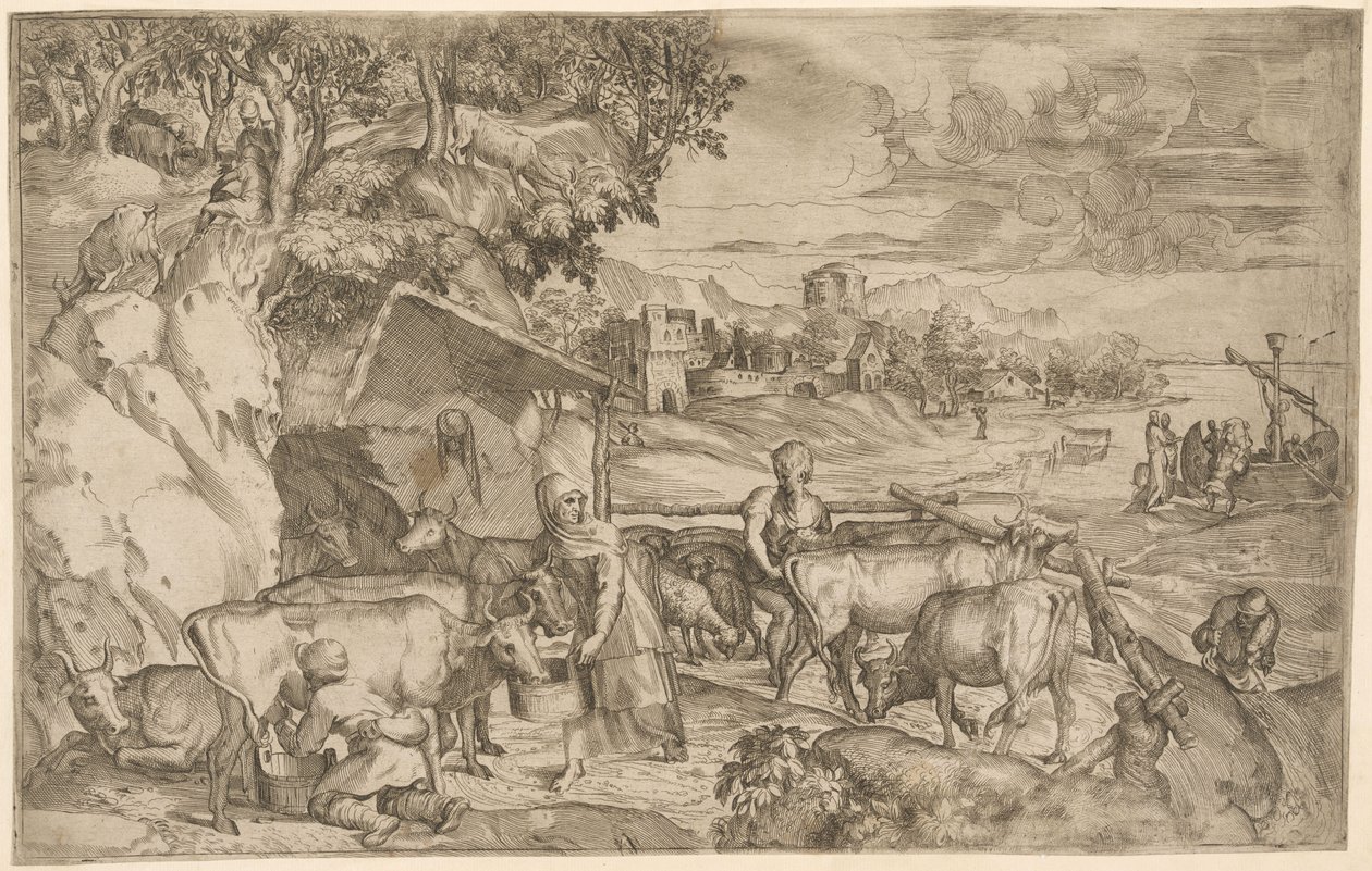 Landscape with cattle by Battista Angolo del Moro