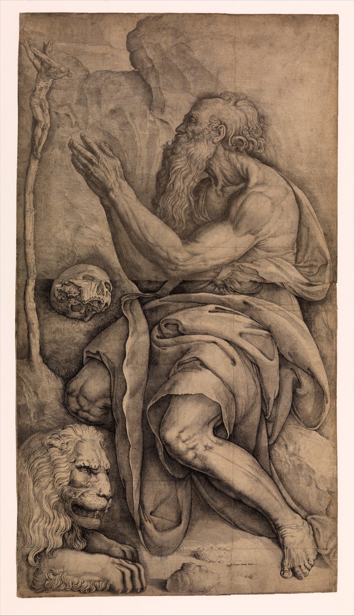 Saint Jerome Kneeling Before a Crucifix, with a Skull and Lion by Battista Franco