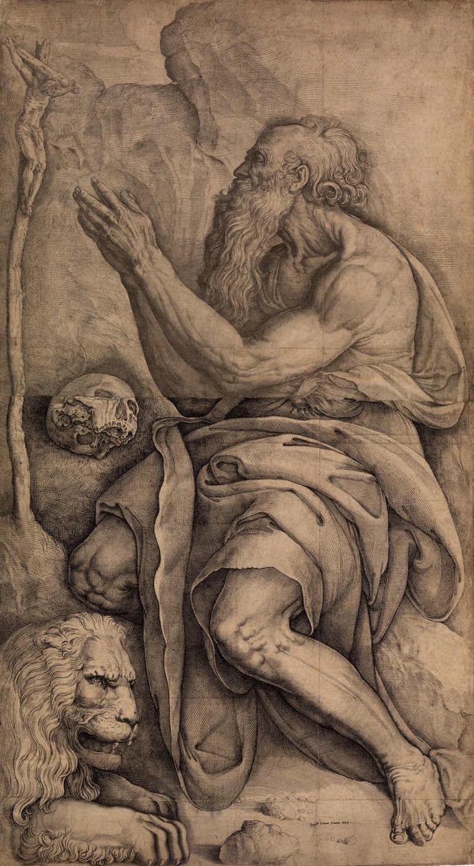 Saint Jerome kneeling before a crucifix, with a skull and lion, ca. 1550-60 by Battista Franco Veneziano