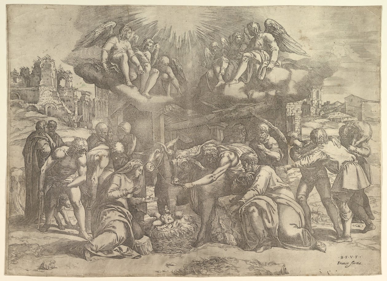 The Adoration of the Shepherds with angels overhead by Battista Franco Veneziano
