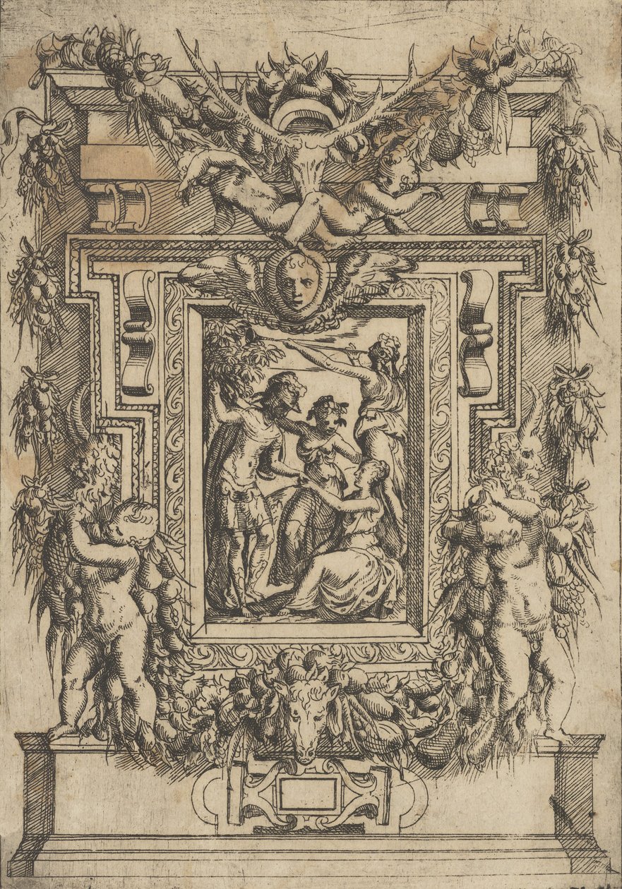 A young man offers his hand to a seated woman, another woman stands between them, ca. 1540-80 by Battista del Moro