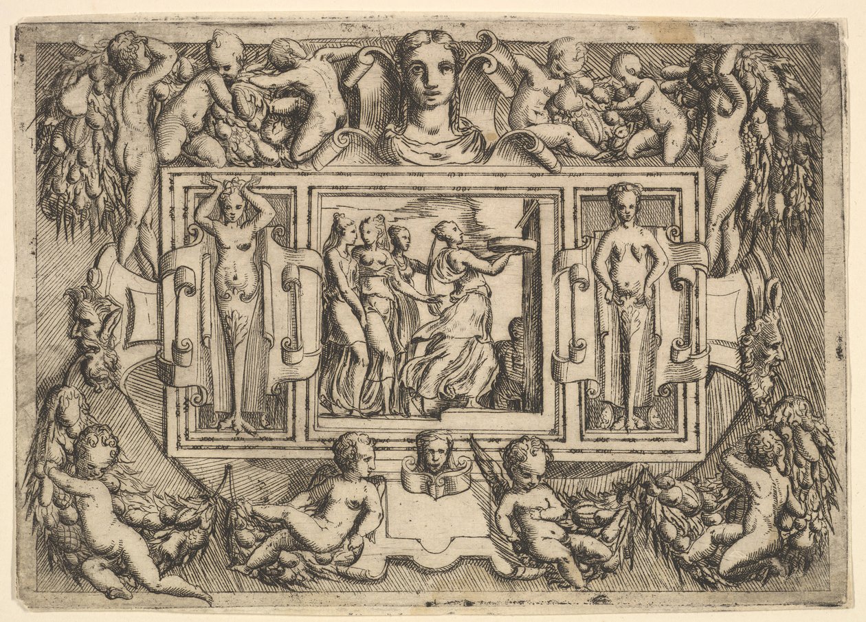The Cumeaean Sibyl Walking to the Right and Carrying a Tray, Followed by Three Women by Battista del Moro