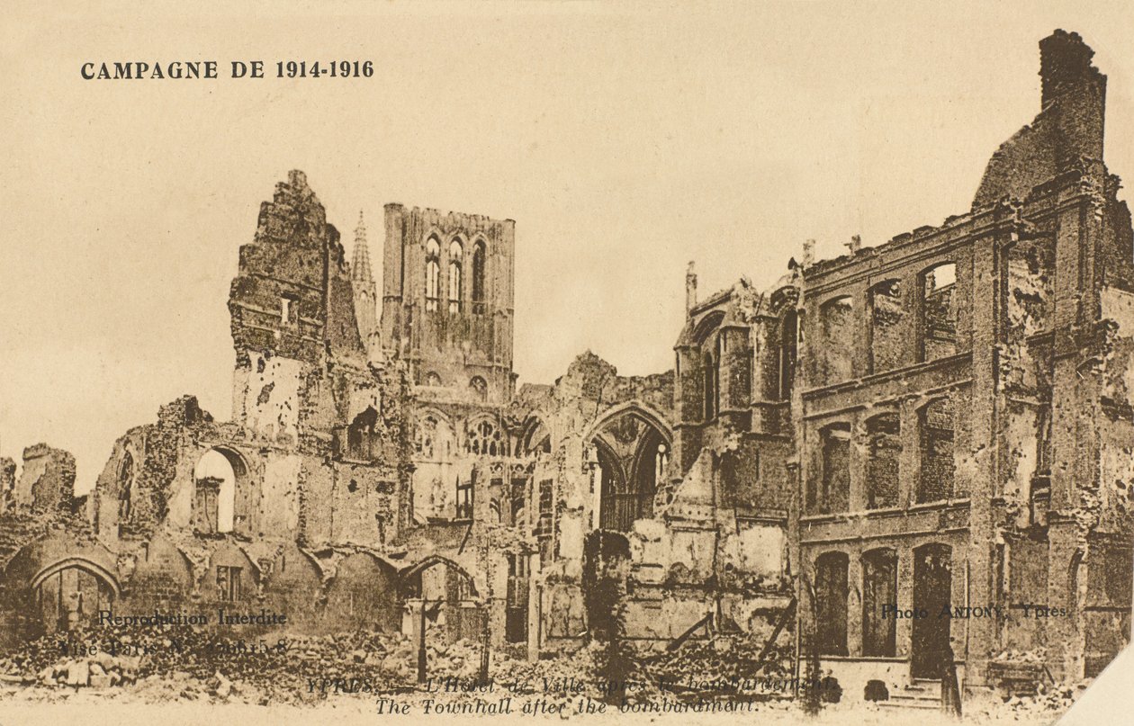 Hotel de Ville after the bombardment, Ypres, 1915 by Belgian Photographer
