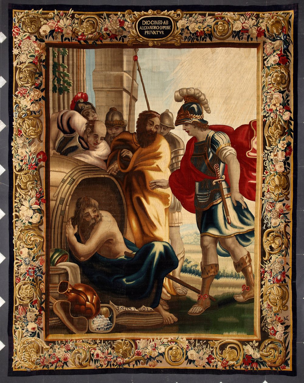 Diogene and Alexander: encounter between the Greek philosopher Diogene de Sinope (413-327 BC) in his barrel and King Alexander the Great (356-323 BC) in Corinth. When the conqueror asked him what he wanted, Diogene answered: Take a little off my sun. Tap by Belgian School