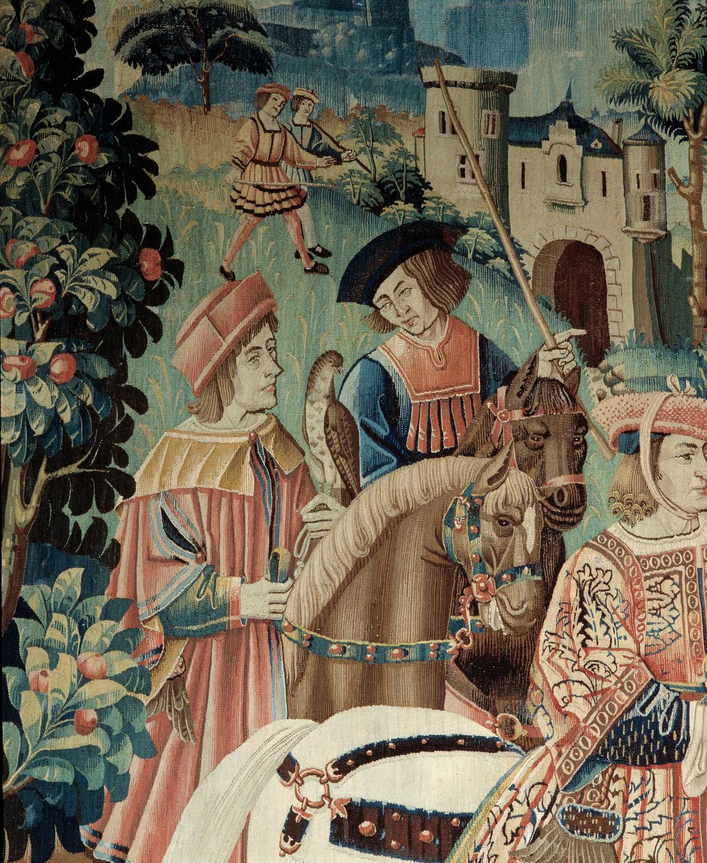 Middle Ages: the beginning for hunting falcon, on horseback. (detail) by Belgian School