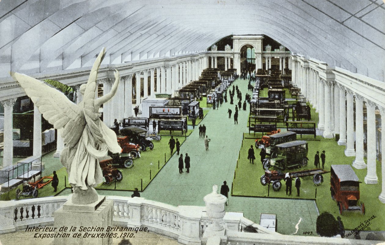 Postcard depicting Motor Vehicles in the British section of the Exposition Universelle in Brussels in 1910 by Belgian School