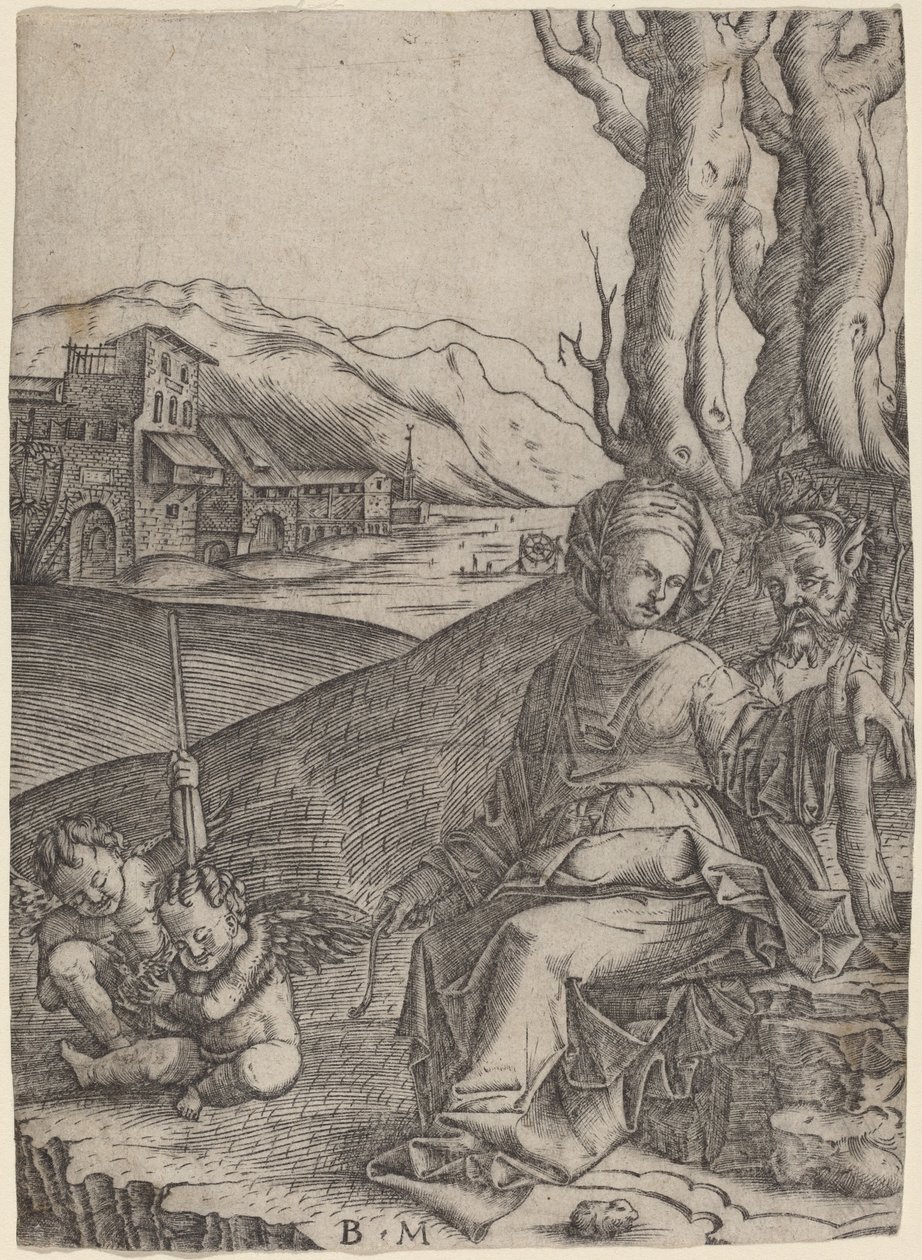 Woman and Satyr with Two Cupids by Benedetto Montagna