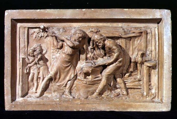 Men Working at an Anvil, plaque by Benjamin Creswick