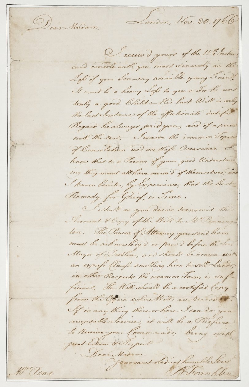 Autograph letter to Mrs. Ann Penn, London, 20th November 1766 by Benjamin Franklin