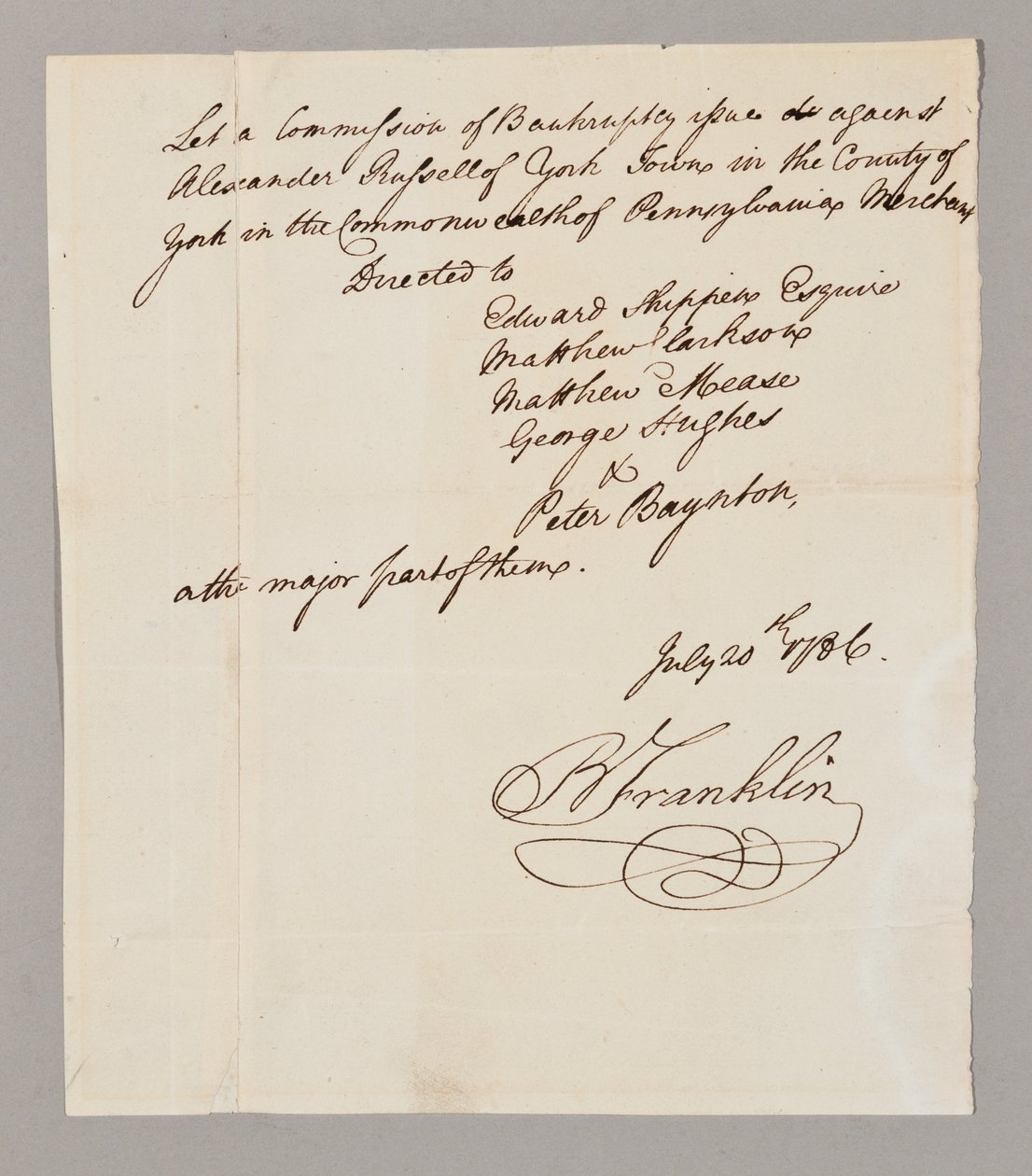 Commission of bankruptcy, 20th July 1786 by Benjamin Franklin