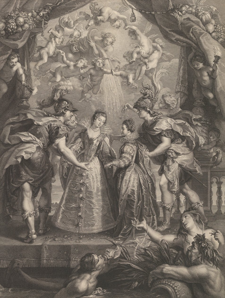 Plate 17: The Exchange of the Two Princesses in Hendaye, Allegorical Scene with Anne by Benoit Audran I