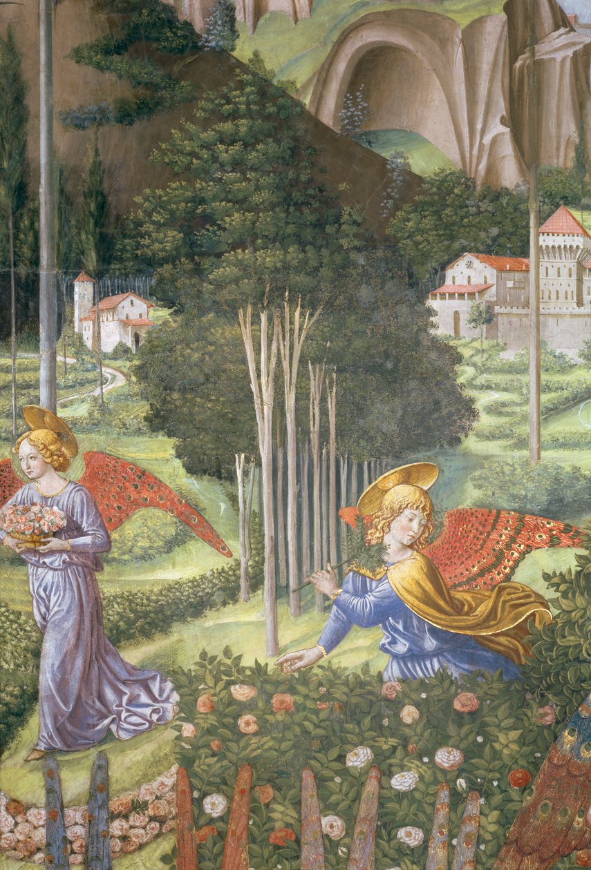 Angel gathering flowers in a heavenly landscape (detail) by Benozzo di Lese di Sandro Gozzoli
