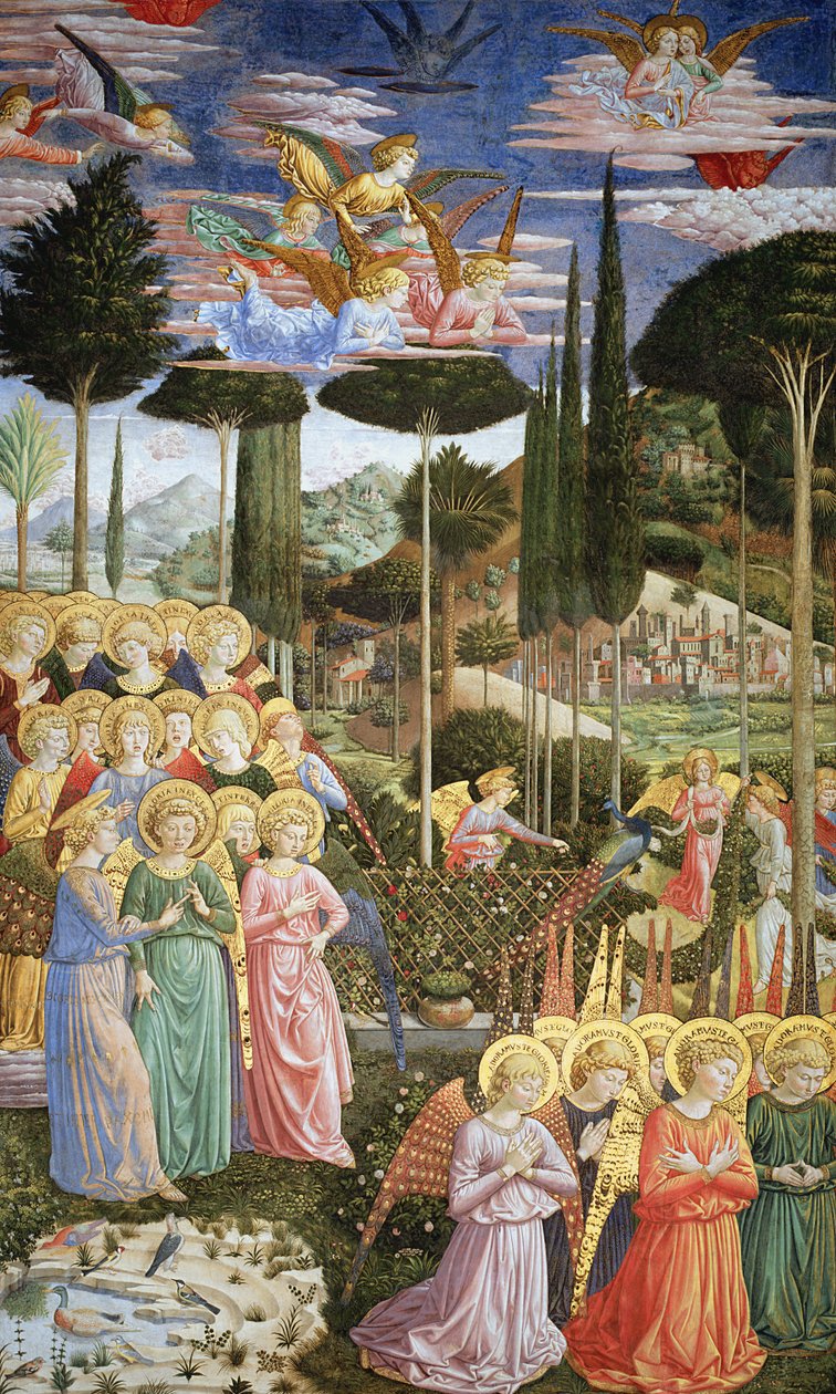 Angels in a heavenly landscape, the left hand wall of the apse, from the Journey of the Magi cycle in the chapel c.1460 by Benozzo di Lese di Sandro Gozzoli