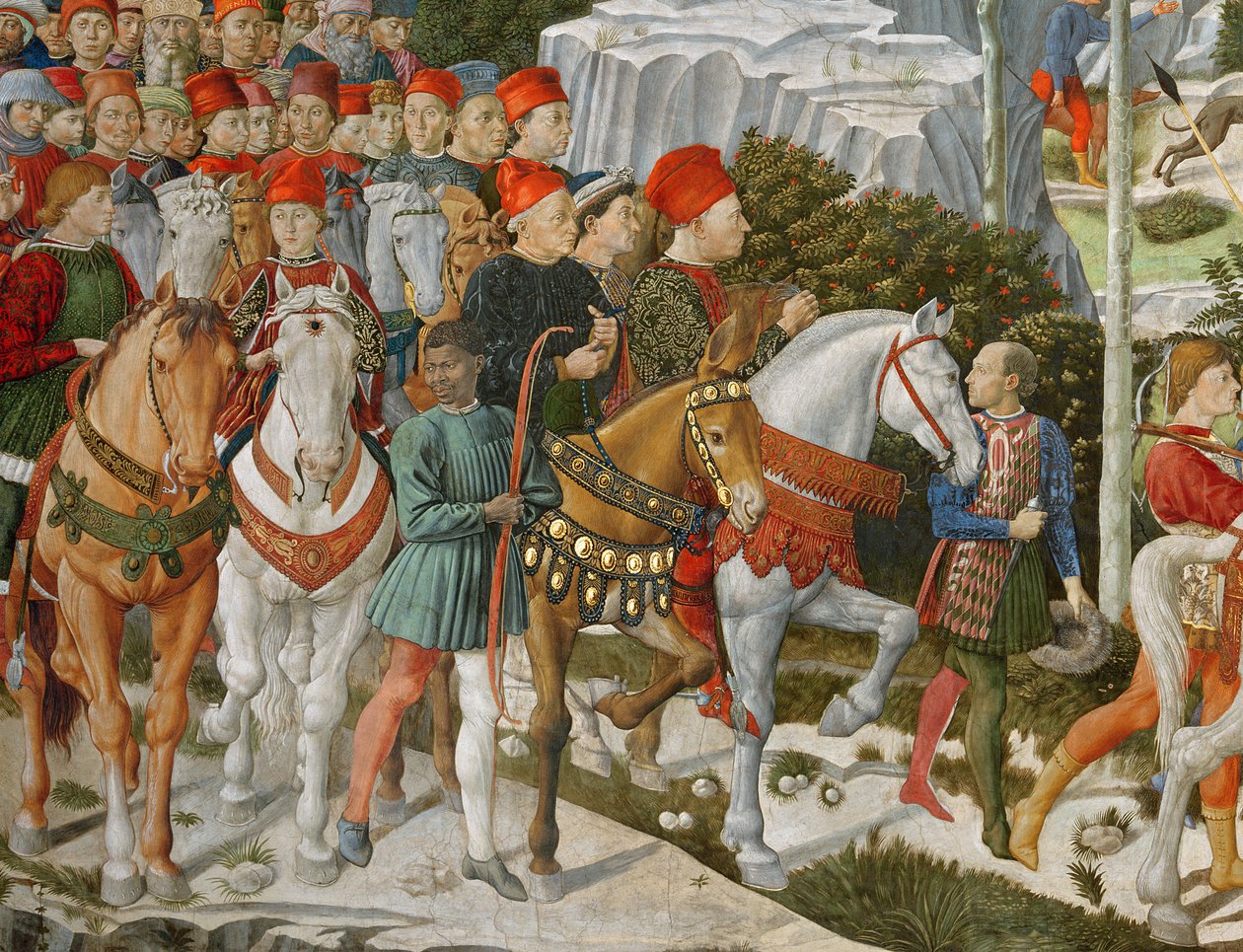 Galeazzo Maria Sforza, Duke of Milan (1444-76), extreme left, on a brown horse and Sigismondo Pandolfo Malatesta, ruler of Rimini (1417-68) beside him on a grey horse (detail) by Benozzo di Lese di Sandro Gozzoli