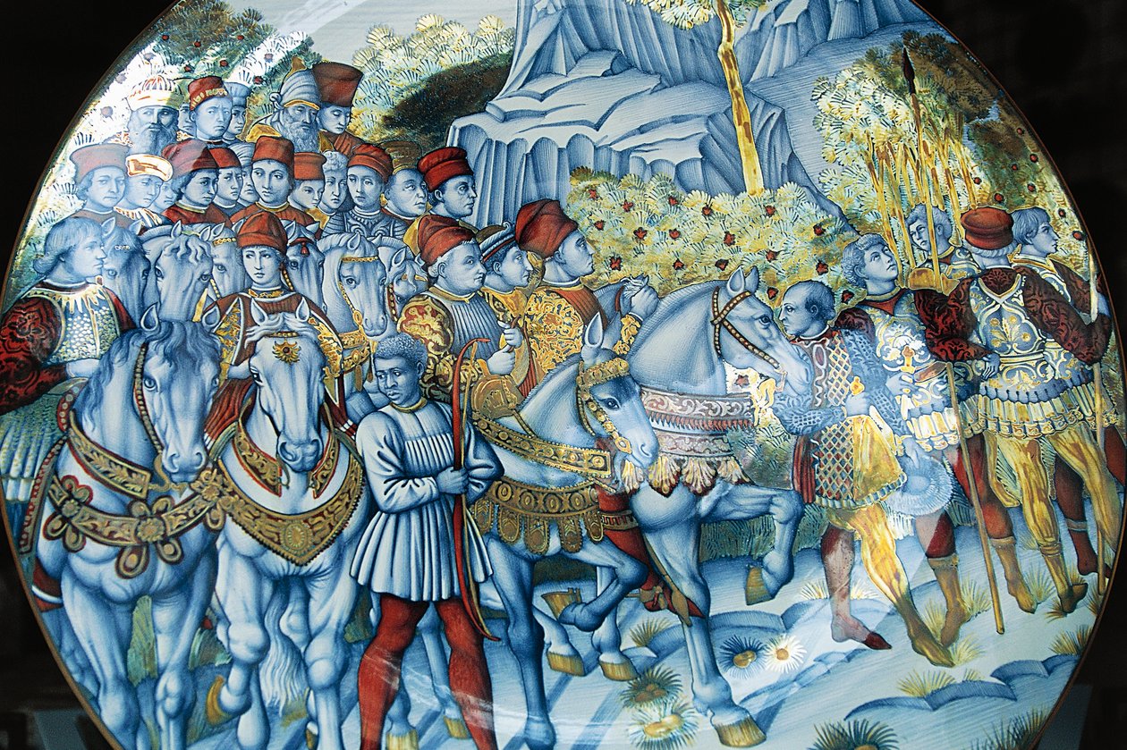 Majolica plate depicting Procession of Magi, by Benozzo Gozzoli, Gualdo Tadino handicrafts, Umbria, Italy by Benozzo di Lese di Sandro Gozzoli