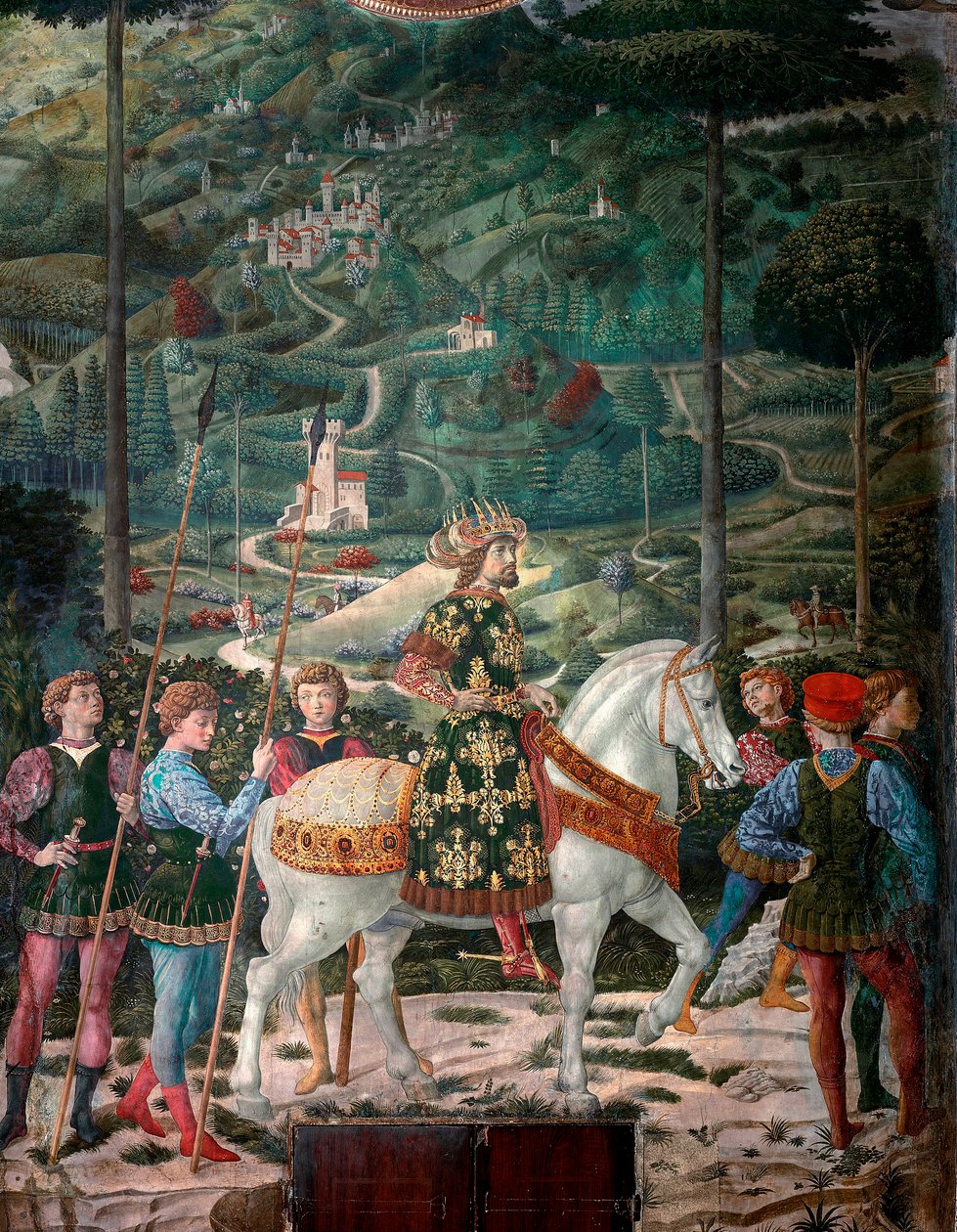 The Byzantine Emperor The Journey of the Magi. Cortege of the Magi of Jerusalem to Bethlehem. Detail representing the Byzantine Emperor John VIII Paleologue. Detail. Fresco of the Magi by Benozzo di Lese di Sandro Gozzoli