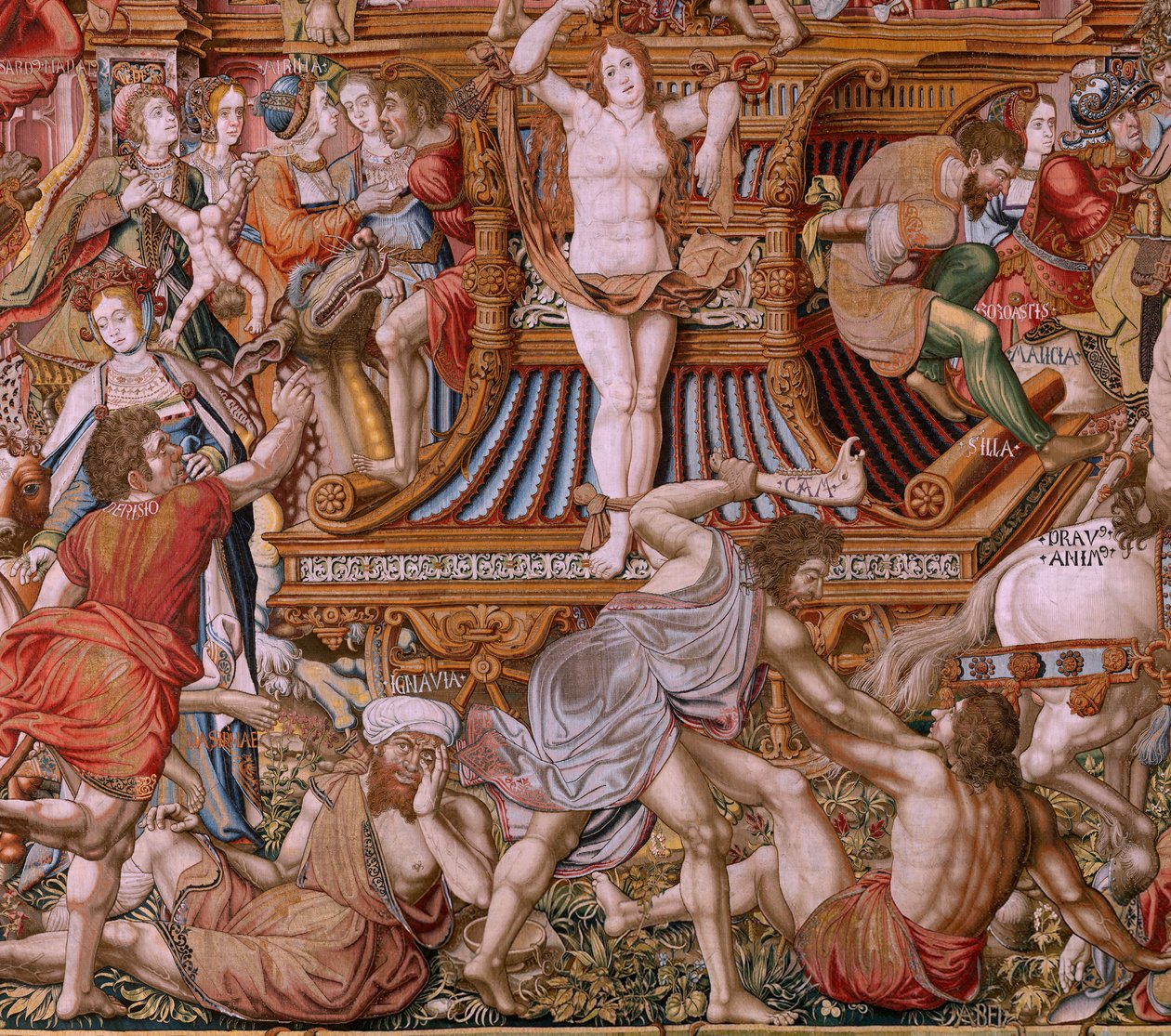 Flemish tapestry. Series The Honours. Infamy. Sixth tapestry in the series. Model Cartoonists from the circle of Bernard van Orley and Jan Gossaert (Mabuse). Manufacture Pieter van Aelst, Brussels. Ca 1550. Fabric Gold, silver, silk and wool. by Bernaert van (circle of) Orley