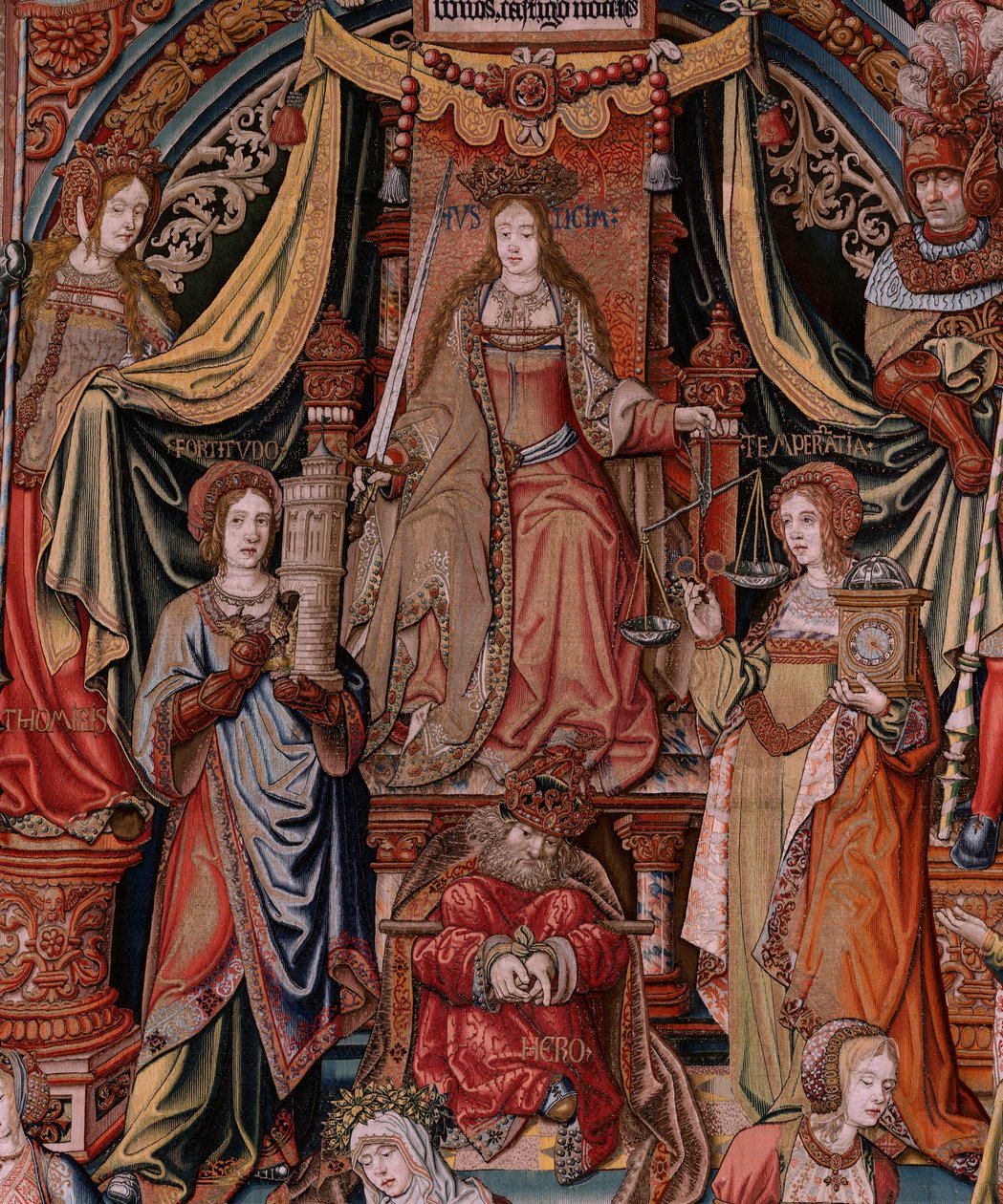 Flemish tapestry. Series The Honours. Justice. Ninth tapestry in the series. Model Cartoonists from the circle of Bernard van Orley and Jan Gossaert (Mabuse). Manufacture Pieter van Aelst, Brussels. Ca 1550. Fabric Gold, silver, silk and wool. by Bernaert van (circle of) Orley