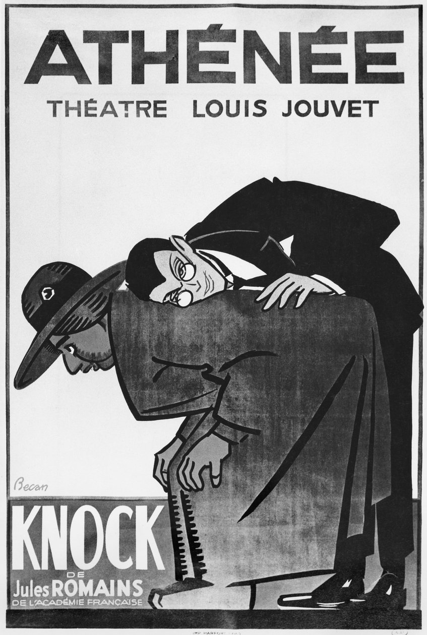 Poster advertising a performance of Knock or the Triumph of medicine by Jules Romains at the Theatre Athenee by Bernard Becan