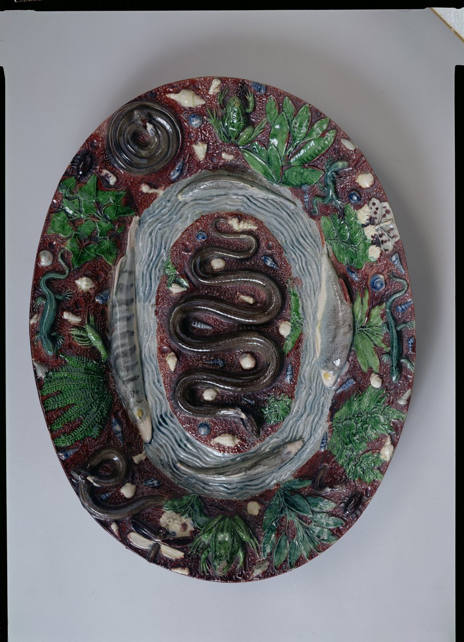 Large oval dish moulded in relief with a grass snake, batrachians and fish by Bernard Palissy