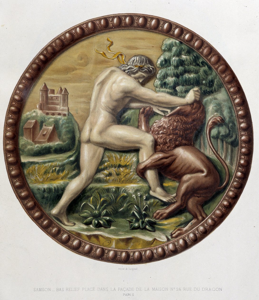 Samson fighting the lion - bas-relief in ceramic, in "The work of Bernard Palissy" by C. Delange and C. Borneman, Paris by Bernard (after) Palissy