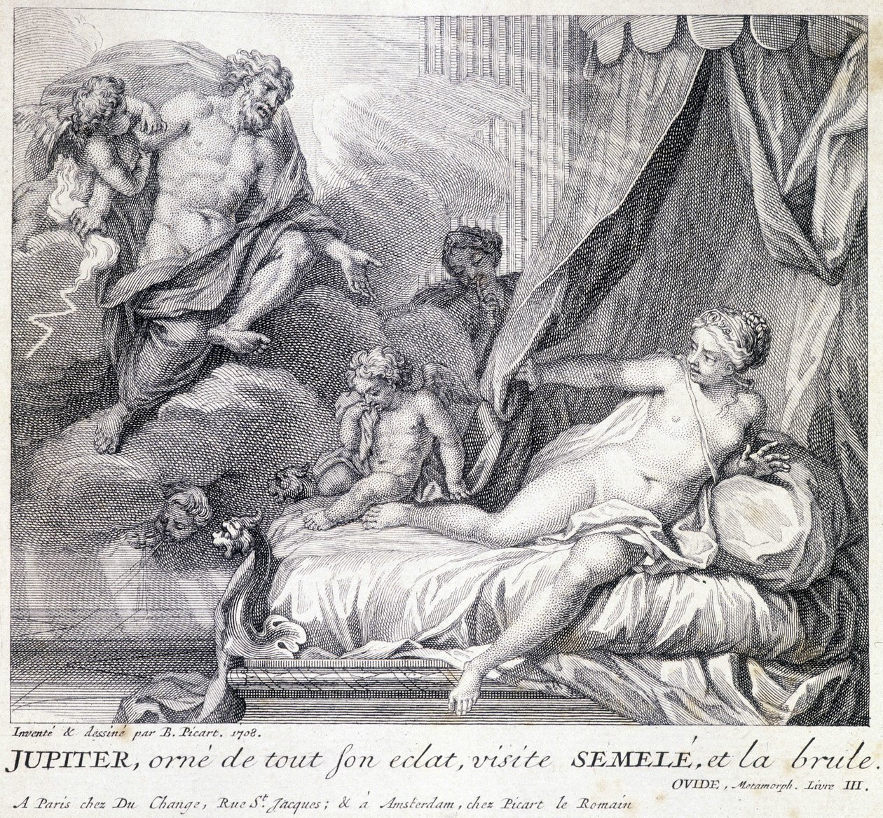 Jupiter (Zeus) burns Semele with his lightning. Engraving of the 18th century after the drawing of B. Picart made in 1708. by Bernard (after) Picart