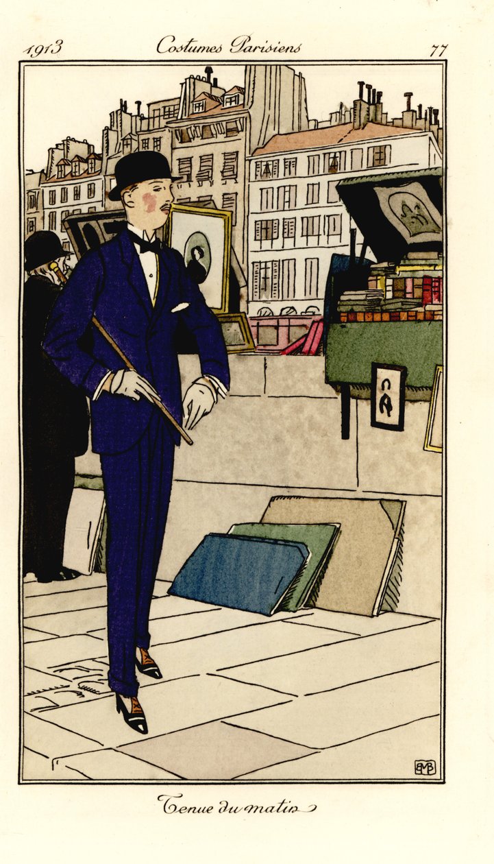 Man in suit, bowler hat and cane walking past bouquinistes on the Seine. Tenue du matin. Handcoloured pochoir etching after an illustration by Bernard Boutet de Monvel from Tommaso Antongini’s Journal des Dames et des Modes, Aux Bureaux du Journal by Bernard Boutet de Monvel