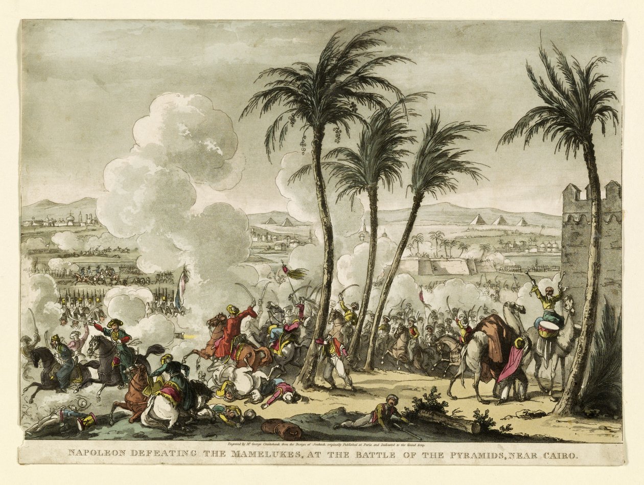 Napoleon Defeating the Mamelukes at the Battle of the Pyramids, Near Cairo, engraved by George Cruikshank, pub. 1823 by Bernard Edouard Swebach