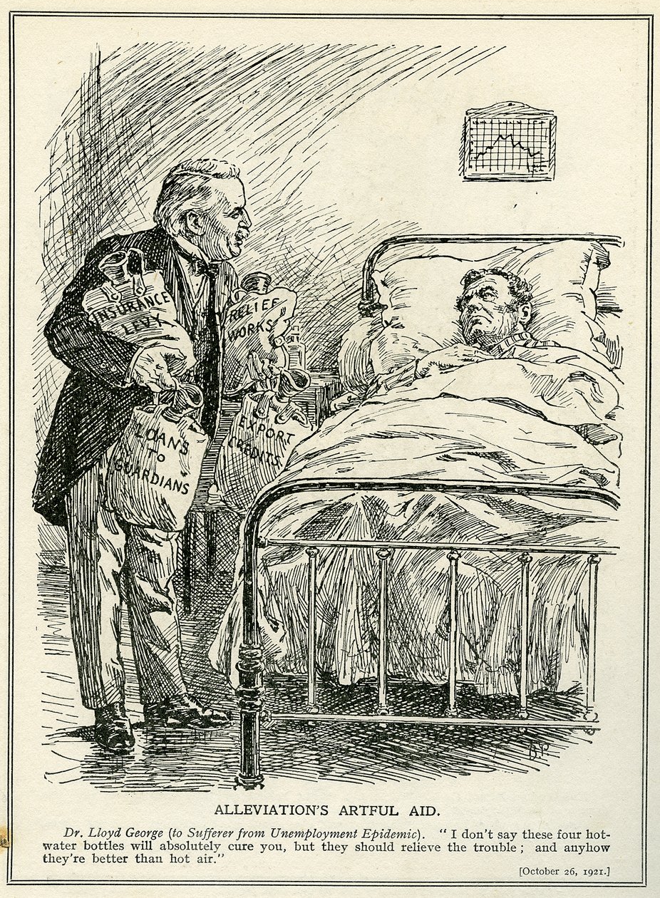 Dr Lloyd George Proposes to Cure the Sufferer from the Unemployment Epidemic with Four Hot Water Bottles, 