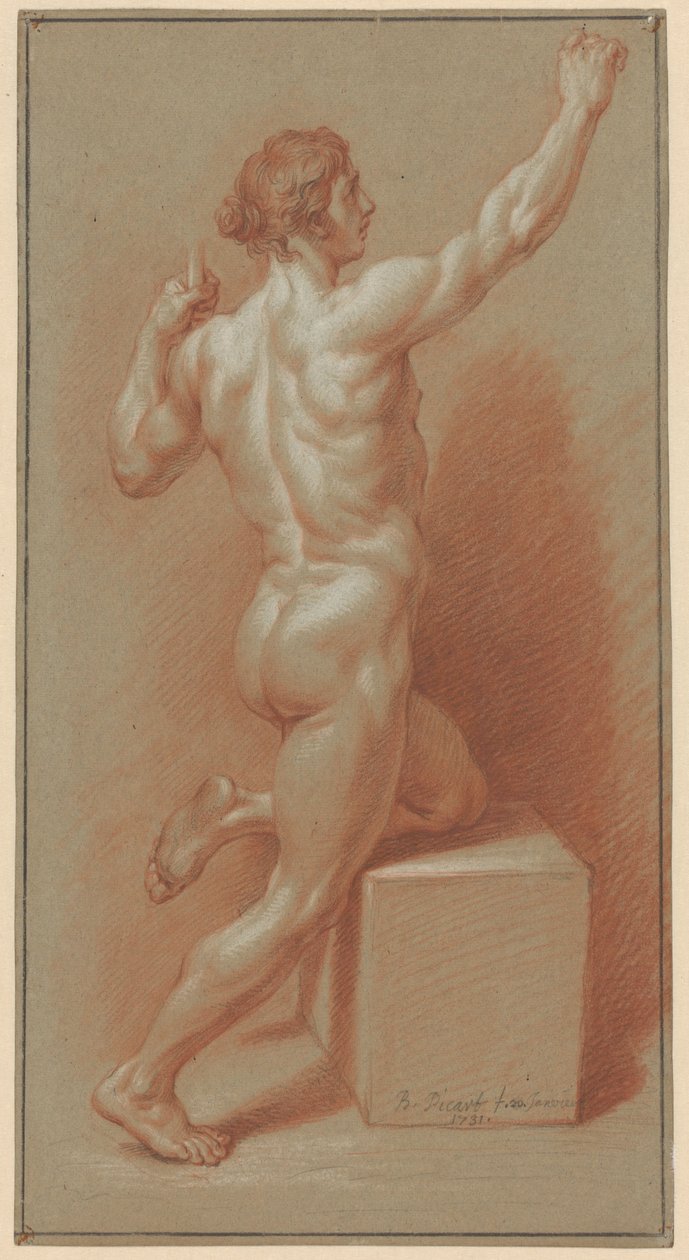 Naked Man Leaning on Left Knee by Bernard Picart (signed by artist)