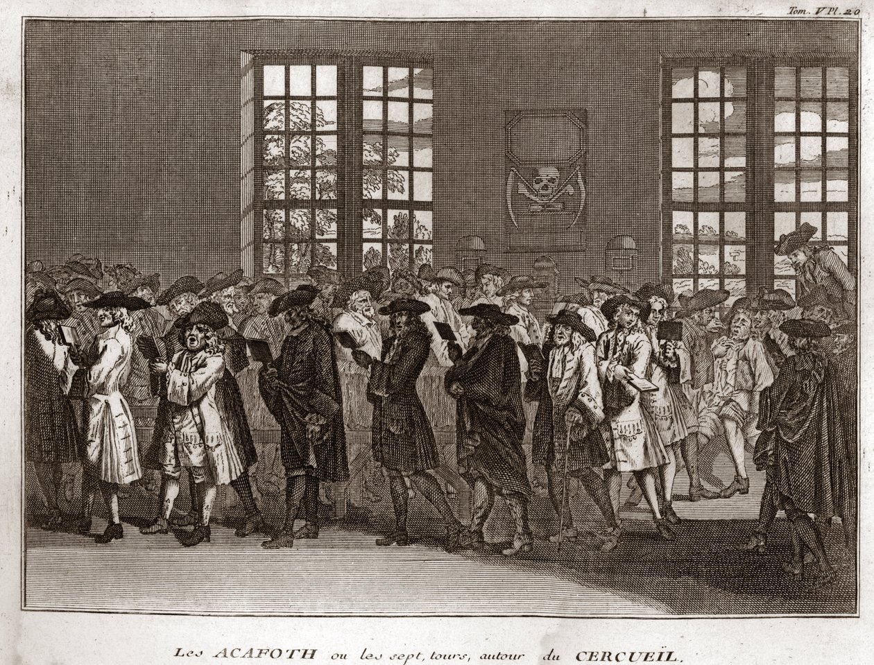 A congregation of Jewish mourners performing the Acafoth at a funeral Engraving from Illustration de ceremonies et customs religieuses de tous les peuples du monde by Bernard Picart (1723-1743) 1819 Private collection by Bernard Picart