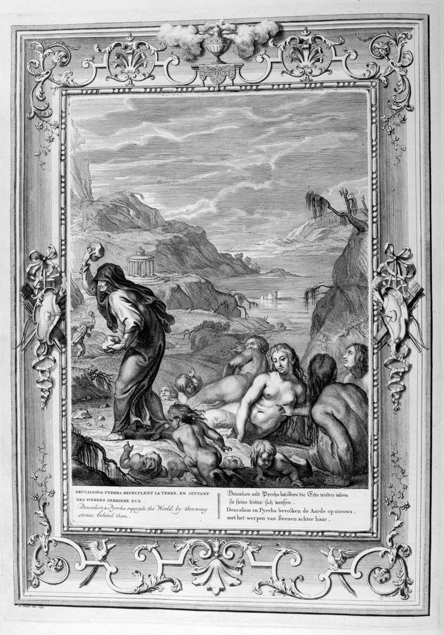 Deucalion and Pyrrha repeople the world by throwing stones behind them, 1733 by Bernard Picart